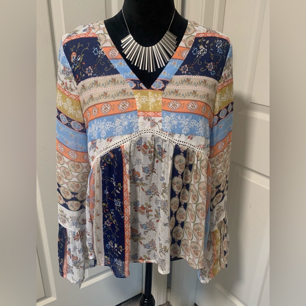 LoveRiche Colorful Boho Patchwork V-Neck Tunic Top | Floral Paisley Bell Sleeve
